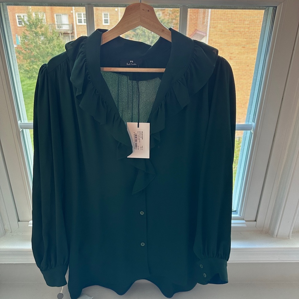 Paul Smith with tags green long sleeve shirt, button up ruffle neck.